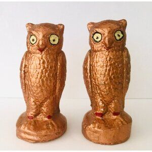 Kitschy Vintage Owl Salt & Pepper Shakers Ceramic Copper Color Yellow Eyes S&P